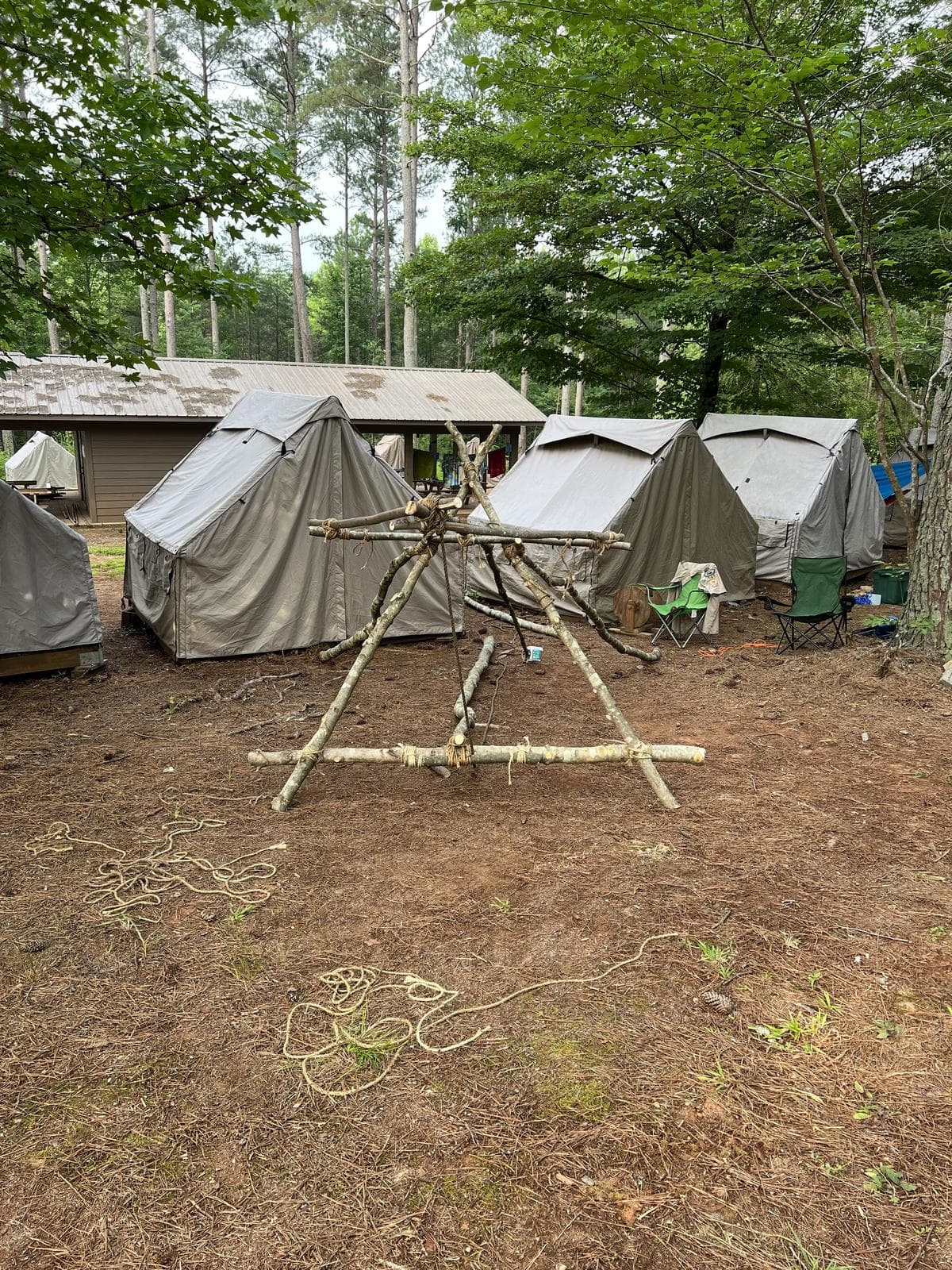 A row of platform tents set up at a troop campout